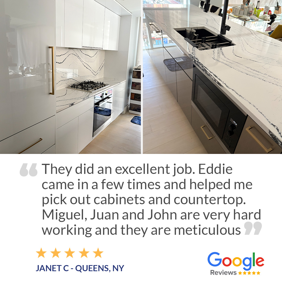 They did an excellent job. Eddie came in a few times and helped me pick out cabinets and countertop. Miguel, Juan and John are very hard working and they are meticulous